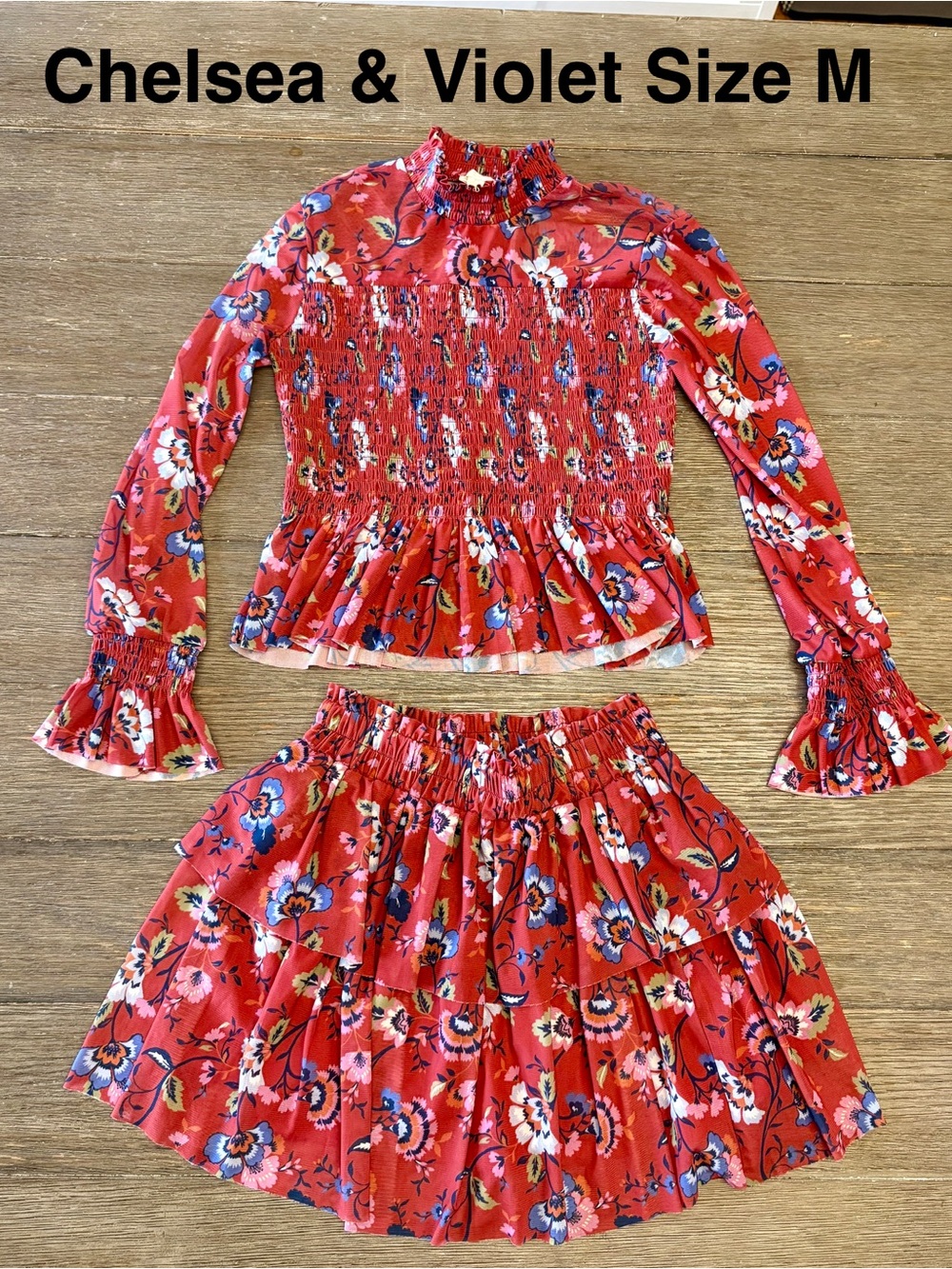 Chelsea & Violet Red Floral Smocked Top and Tiered Skirt Set